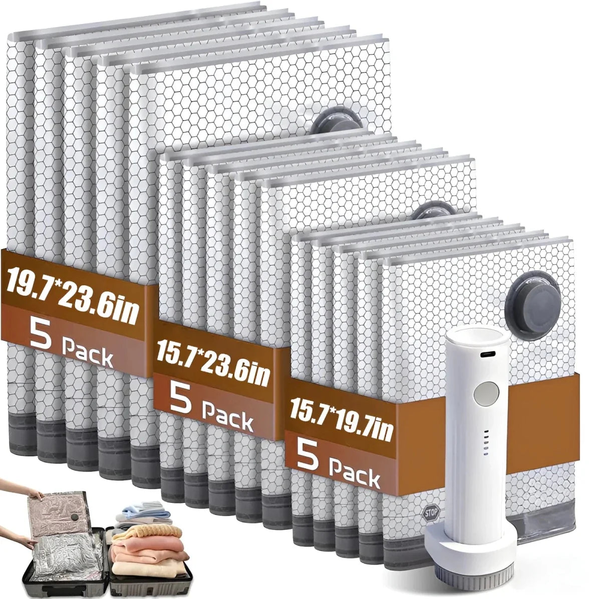 Travel Vacuum Bag Set Cordless Pump 15 Bags