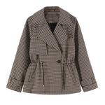 Trench Jacket Cropped Plaid Adjustable Drawstring Waist