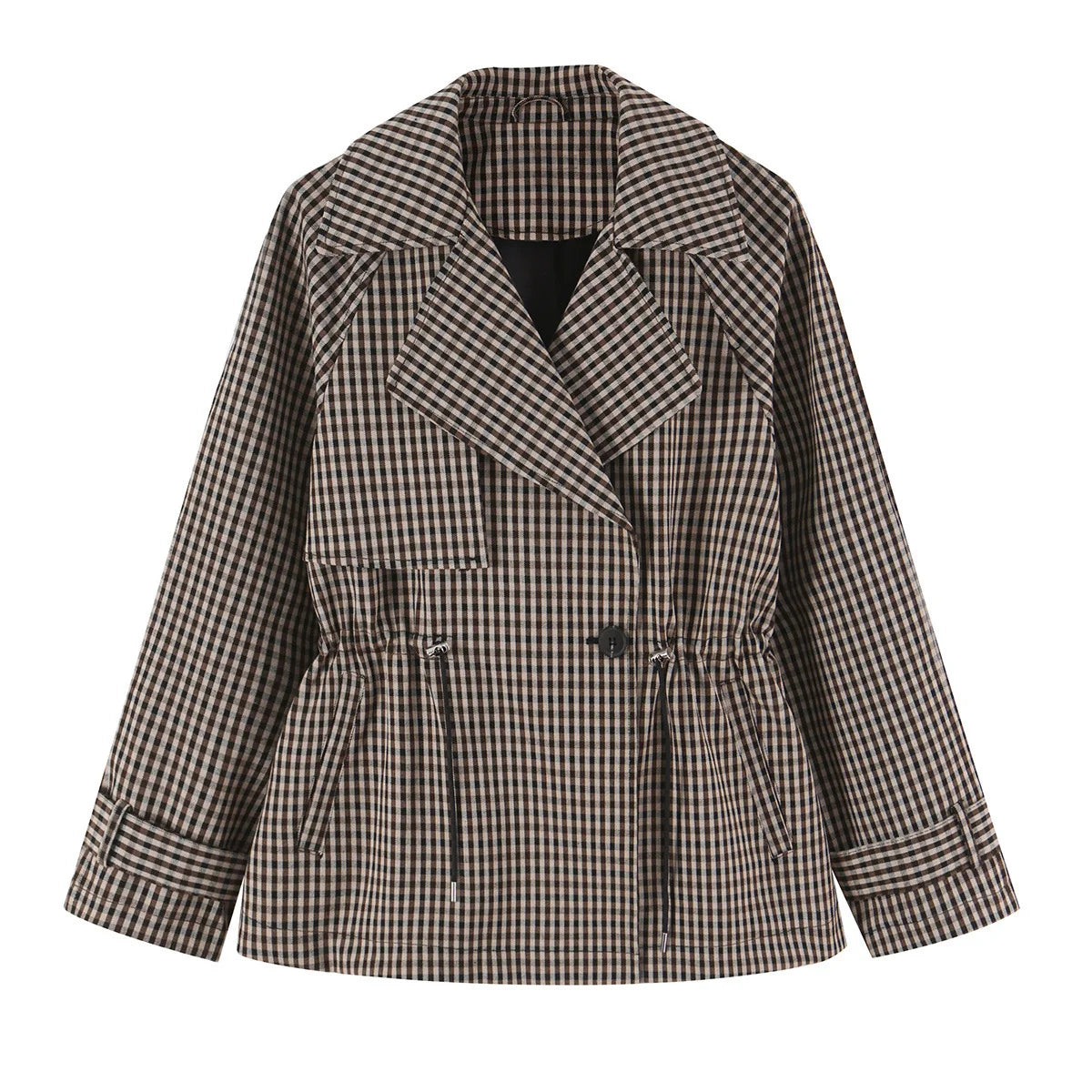 Trench Jacket Cropped Plaid Adjustable Drawstring Waist