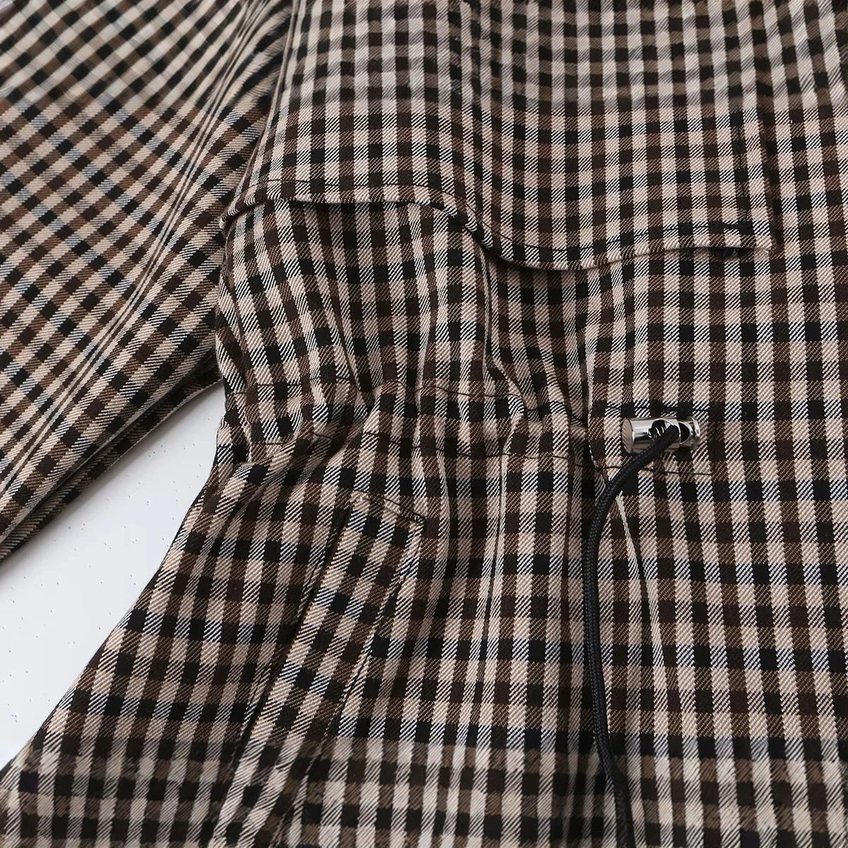 Trench Jacket Cropped Plaid Adjustable Drawstring Waist