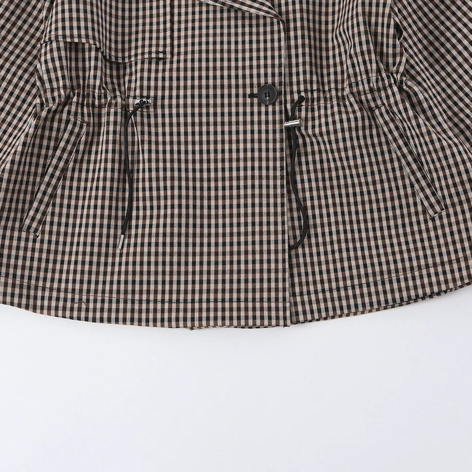 Trench Jacket Cropped Plaid Adjustable Drawstring Waist
