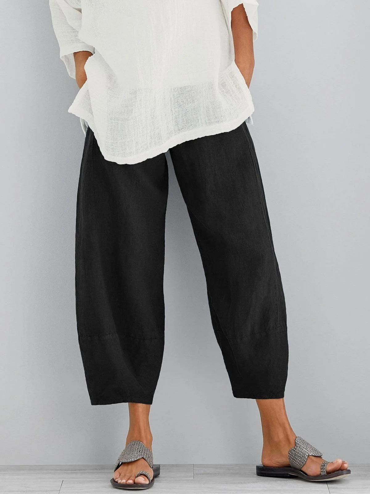 Trousers Wide-Leg Cropped Elastic Waistband Side Pockets