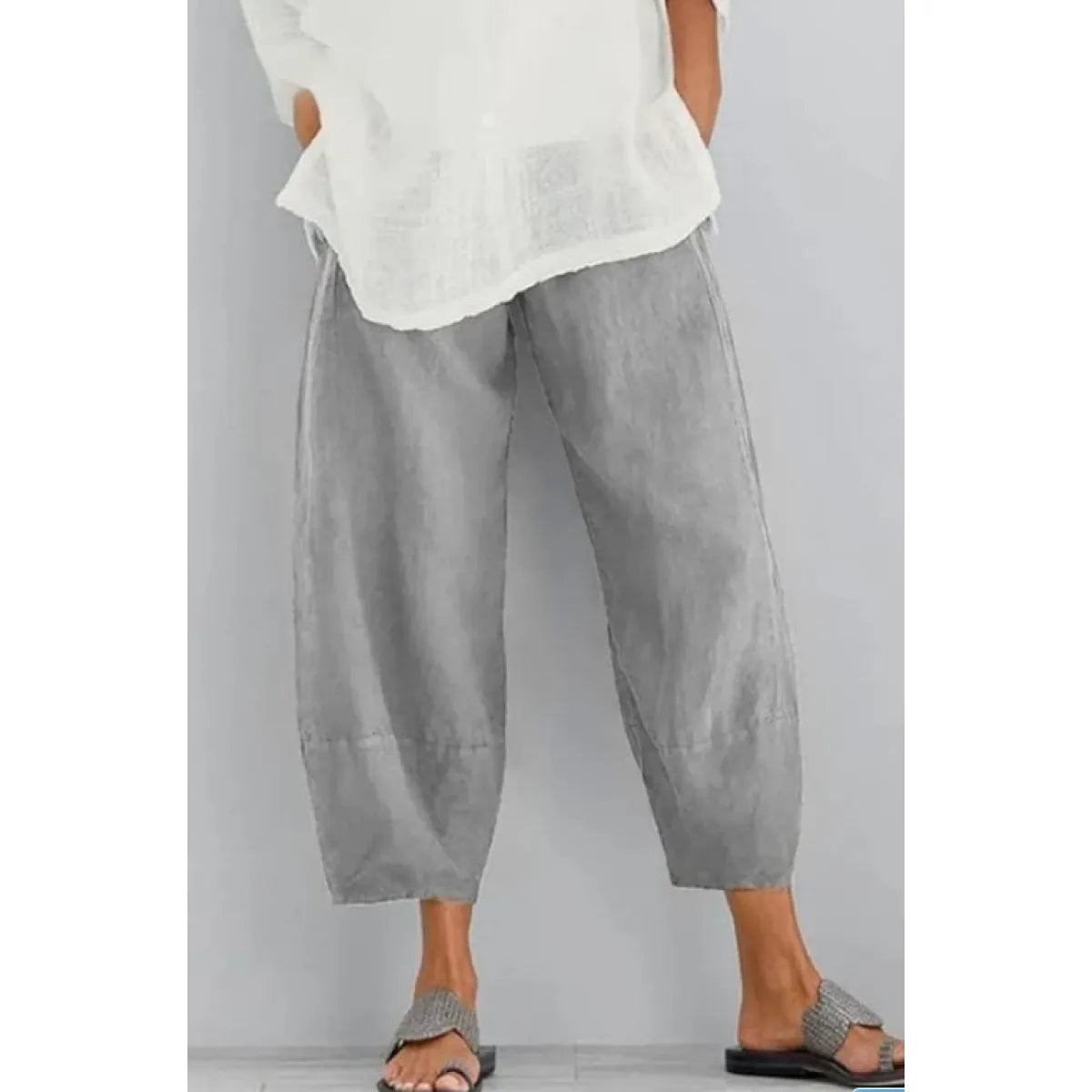 Trousers Wide-Leg Cropped Elastic Waistband Side Pockets