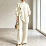 Two-Piece Knit Set Asymmetric Button Top Wide-Leg Pants