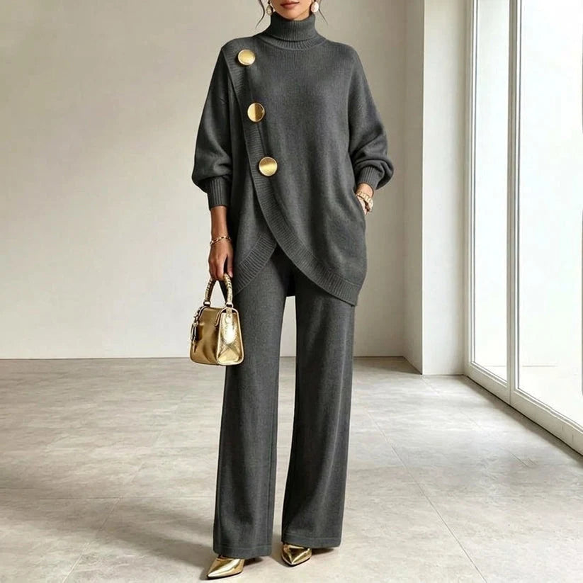 Two-Piece Knit Set Asymmetric Button Top Wide-Leg Pants