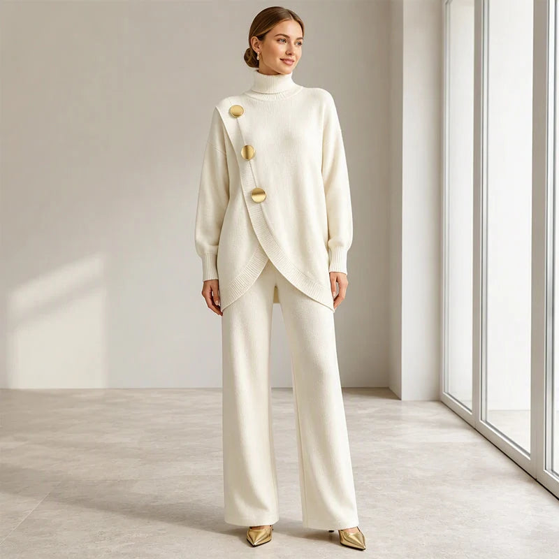 Two-Piece Knit Set Asymmetric Button Top Wide-Leg Pants