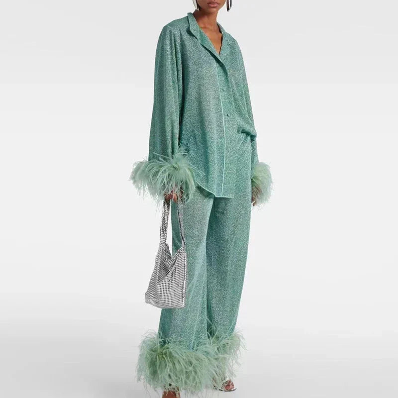 Two-Piece Outfit Glitter Finish & Feather Trim