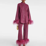 Two-Piece Outfit Set Glitter Finish Feather Trim