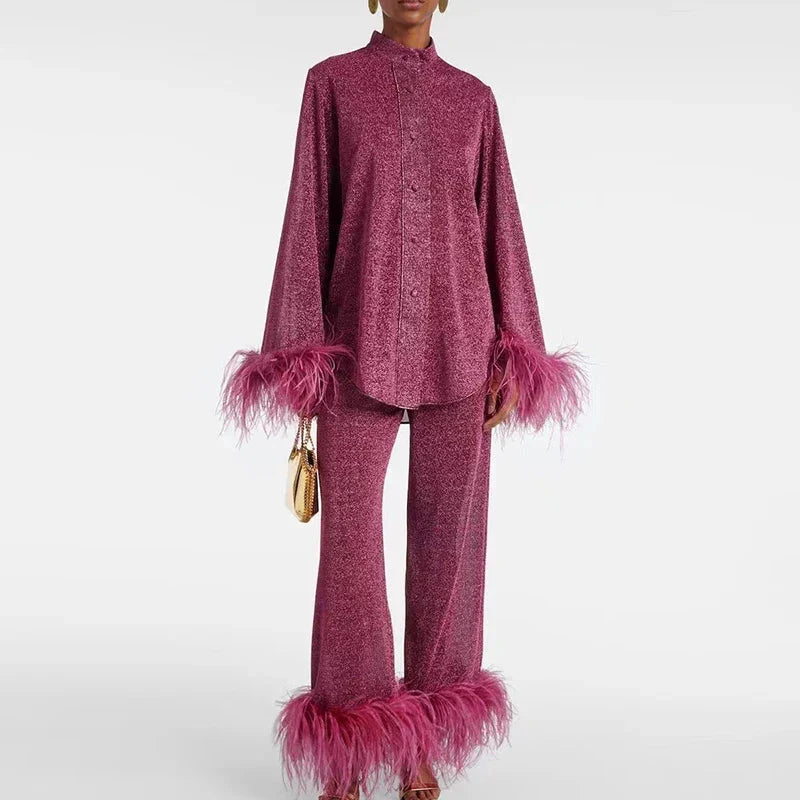 Two-Piece Outfit Set Glitter Finish Feather Trim