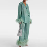 Two-Piece Outfit Set Glitter Finish Feather Trim