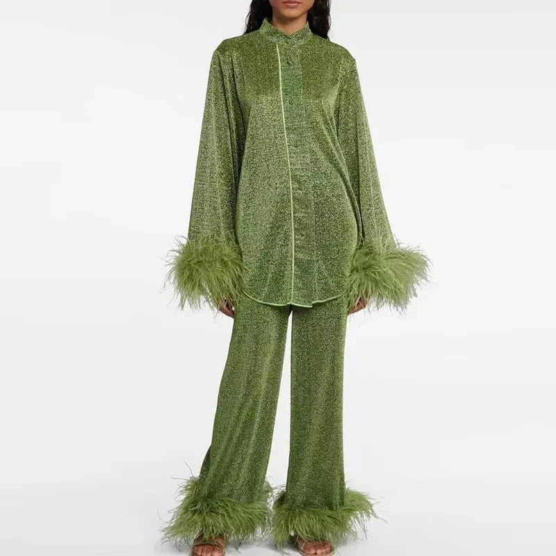 Two-Piece Outfit Set Glitter Finish Feather Trim