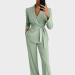 Two-Piece Suit Adjustable Tie Waist Wide-Leg Trousers
