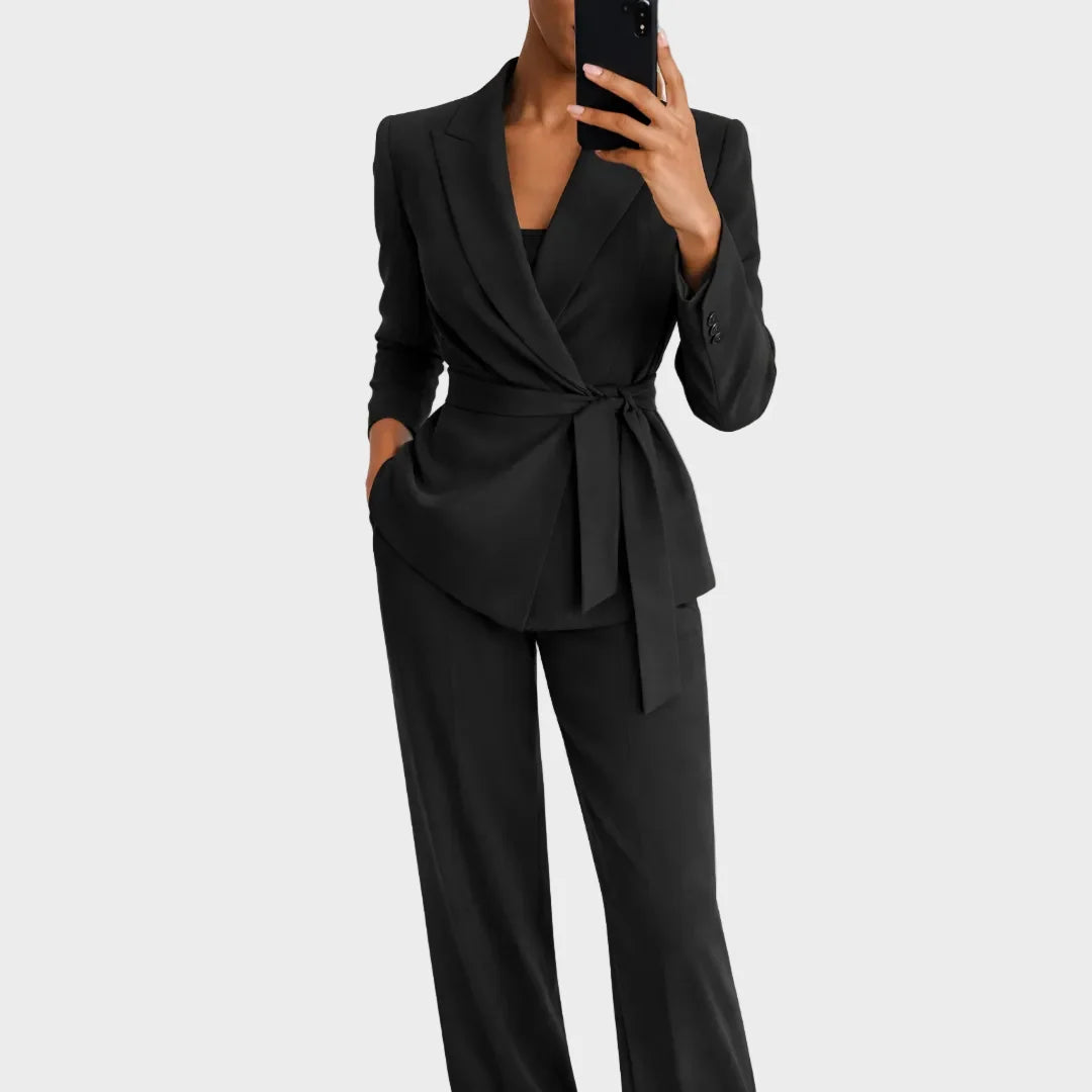 Two-Piece Suit Adjustable Tie Waist Wide-Leg Trousers