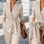Two-Piece Suit Adjustable Tie Waist Wide-Leg Trousers