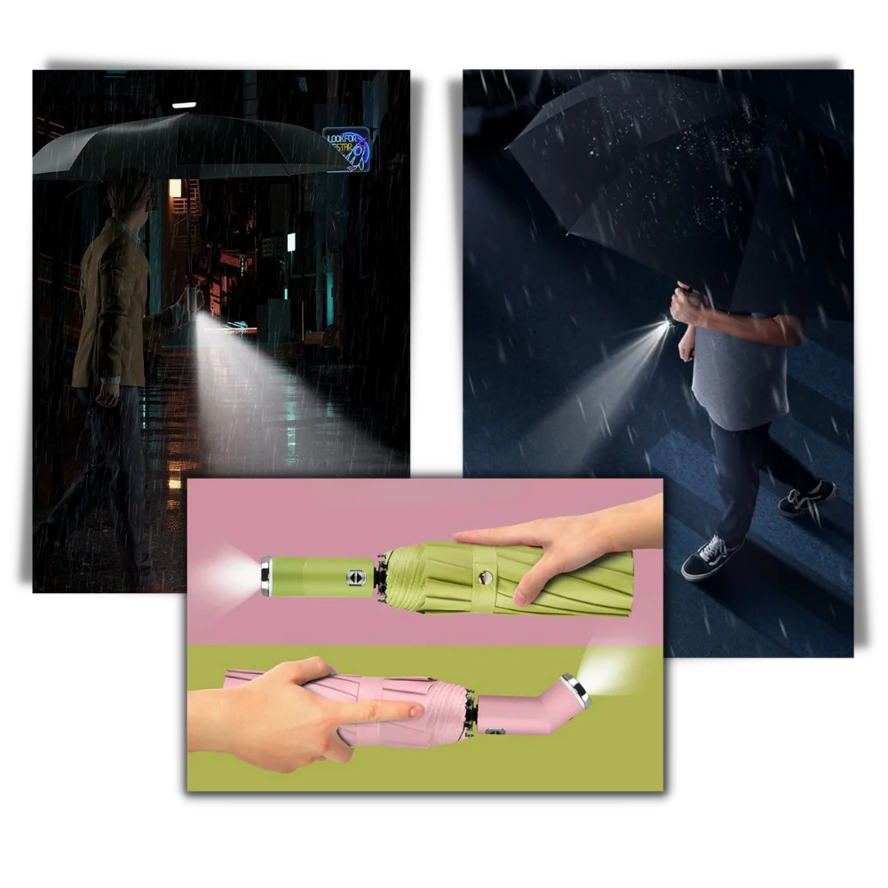 Umbrella Windproof 10-Leg Frame Built-In LED Flashlight Extra-Large Canopy