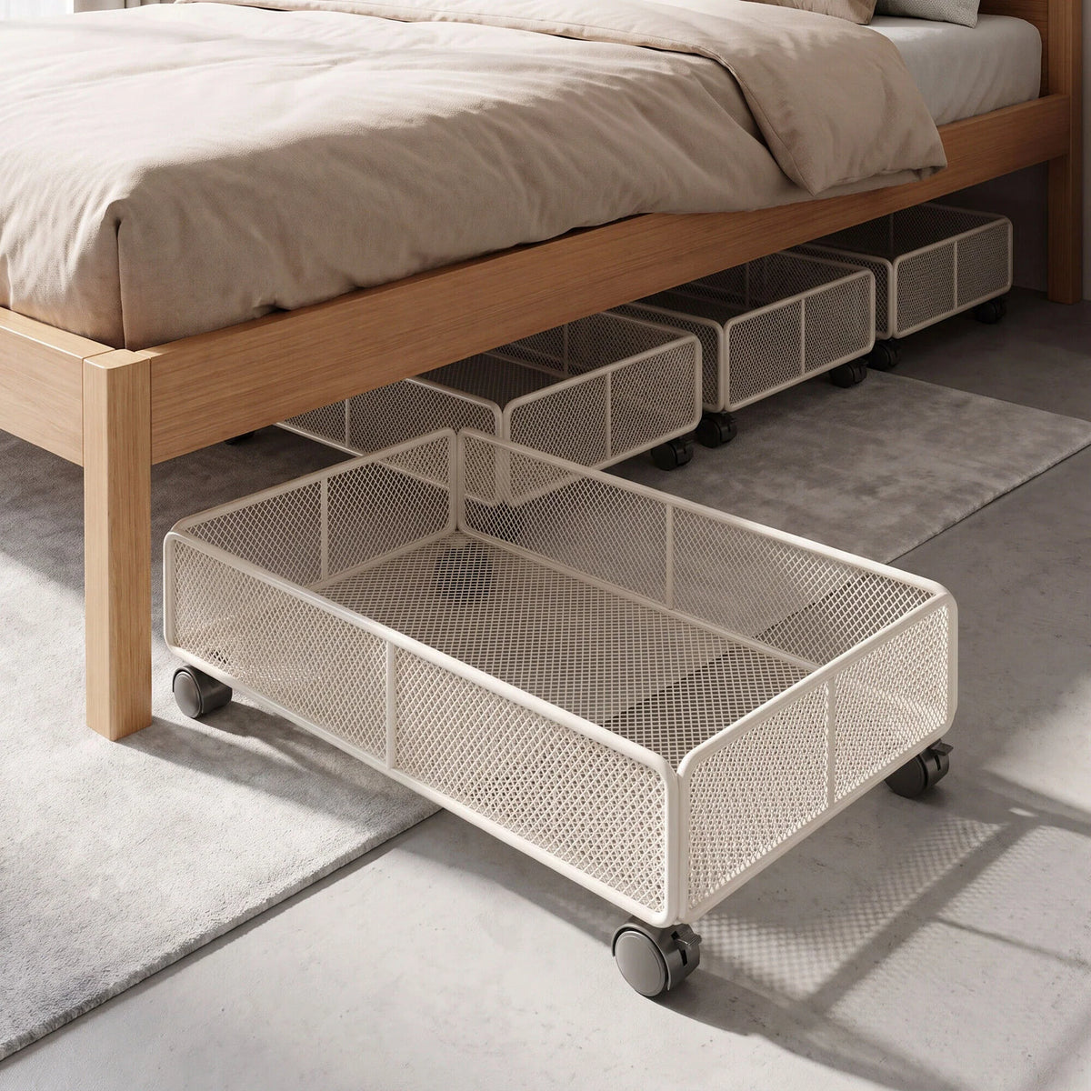 Under-Bed Storage Basket Low-Profile Metal Mesh Stackable