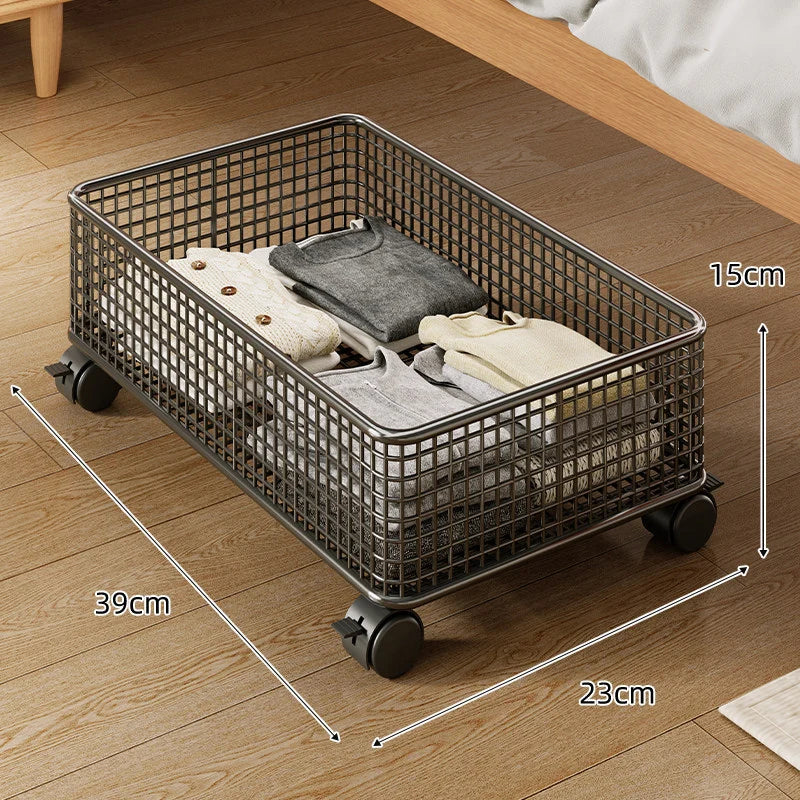 Under-Bed Storage Basket Low-Profile Metal Mesh Stackable