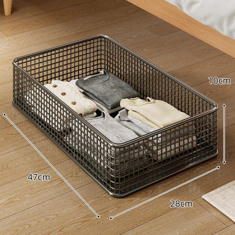Under-Bed Storage Basket Low-Profile Metal Mesh Stackable