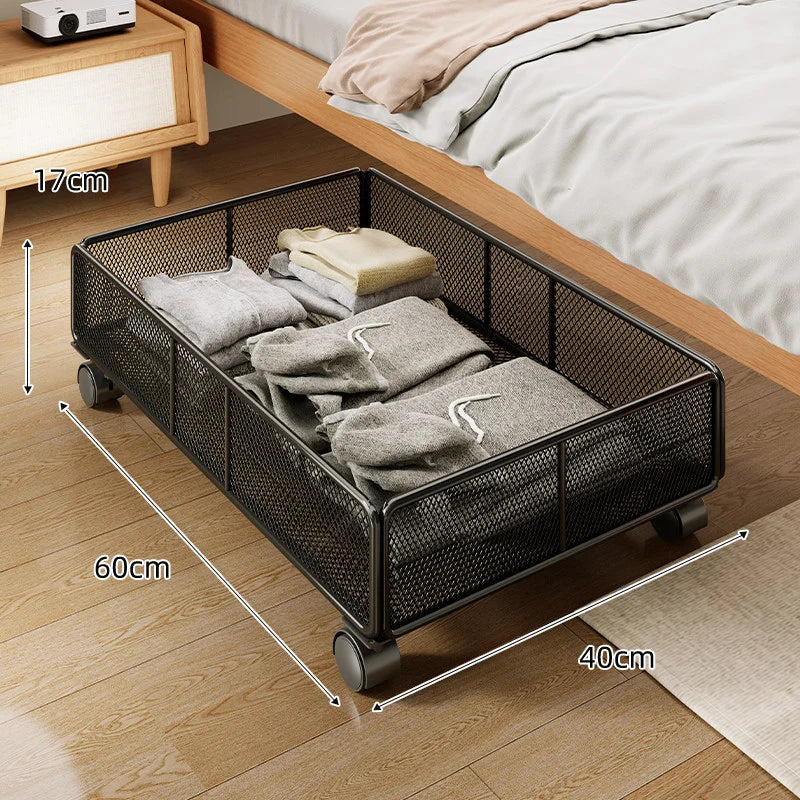 Under-Bed Storage Basket Low-Profile Metal Mesh Stackable