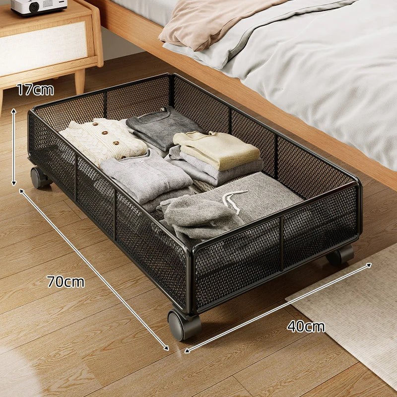 Under-Bed Storage Basket Low-Profile Metal Mesh Stackable