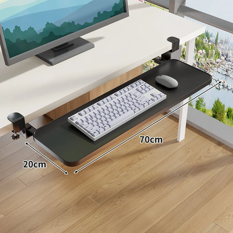 Under-Desk Keyboard Tray Pull-Out Wooden Clamp-On Non-Slip Surface