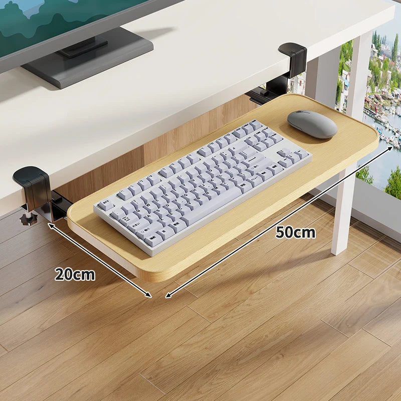 Under-Desk Keyboard Tray Pull-Out Wooden Clamp-On Non-Slip Surface