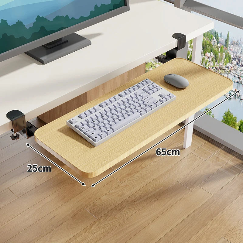 Under-Desk Keyboard Tray Pull-Out Wooden Clamp-On Non-Slip Surface