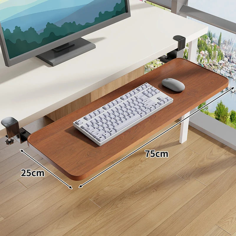 Under-Desk Keyboard Tray Pull-Out Wooden Clamp-On Non-Slip Surface