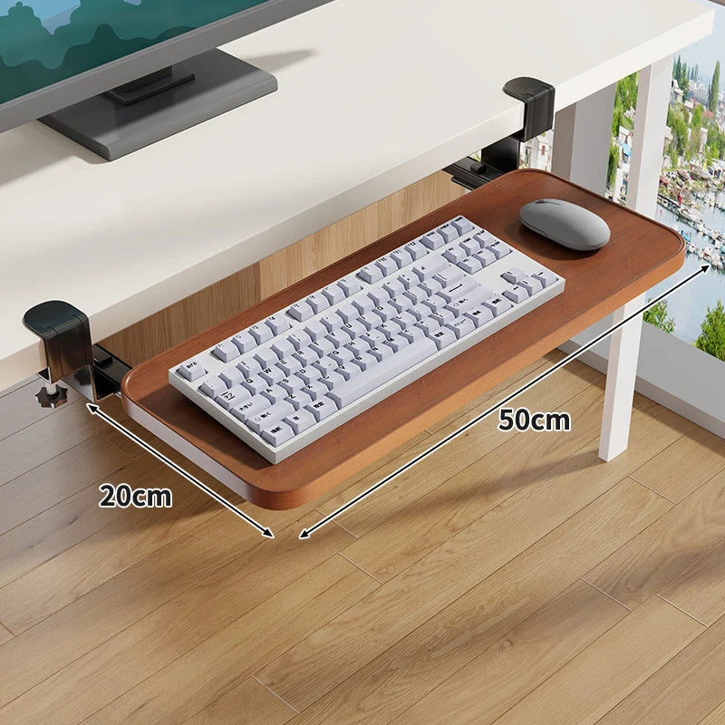 Under-Desk Keyboard Tray Pull-Out Wooden Clamp-On Non-Slip Surface