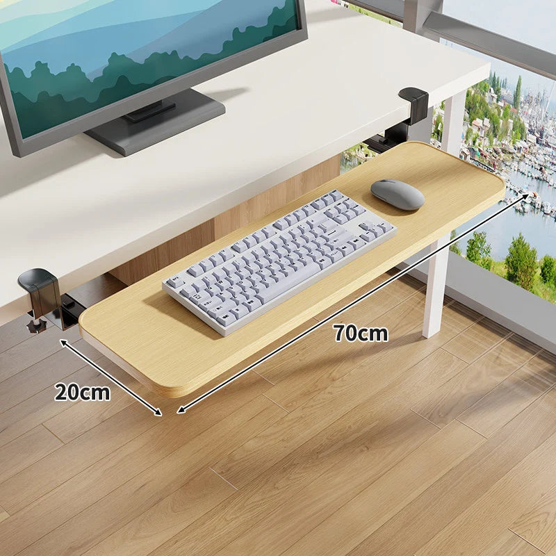 Under-Desk Keyboard Tray Pull-Out Wooden Clamp-On Non-Slip Surface