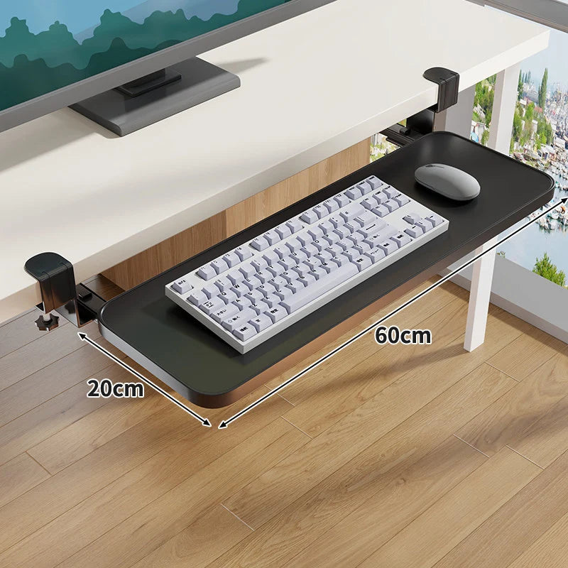Under-Desk Keyboard Tray Pull-Out Wooden Clamp-On Non-Slip Surface
