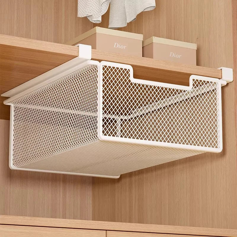 Under-Shelf Basket Organizer Pull-Out Rust-Resistant Metal Mesh Clamp-On Mounting