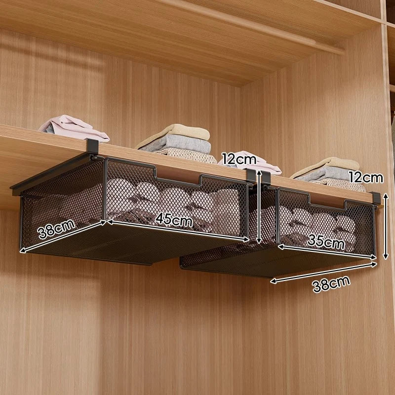 Under-Shelf Basket Organizer Pull-Out Rust-Resistant Metal Mesh Clamp-On Mounting