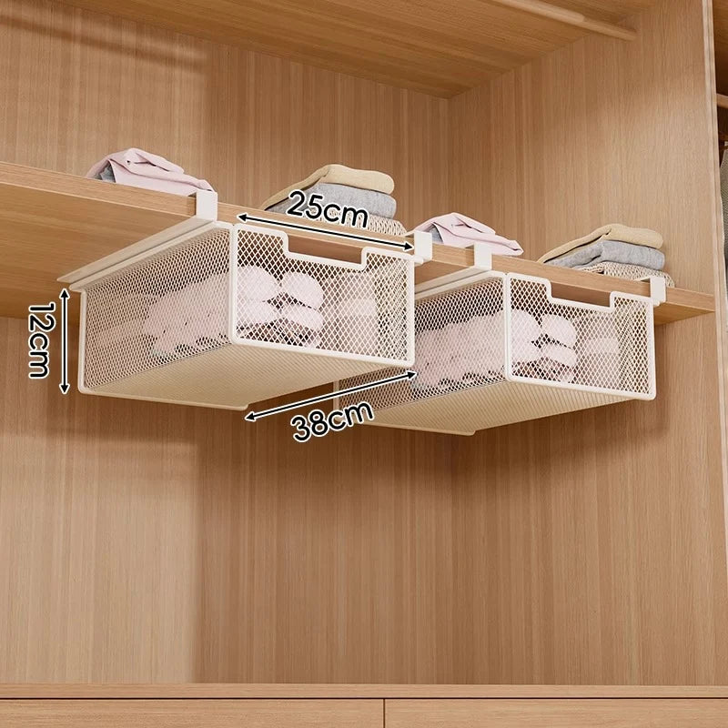 Under-Shelf Basket Organizer Pull-Out Rust-Resistant Metal Mesh Clamp-On Mounting