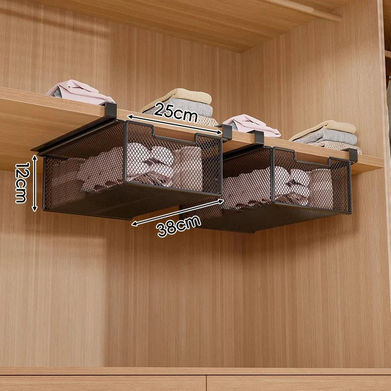 Under-Shelf Basket Organizer Pull-Out Rust-Resistant Metal Mesh Clamp-On Mounting