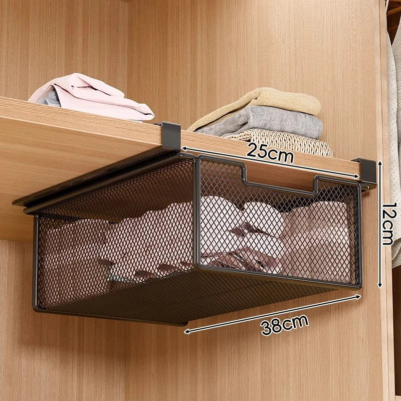 Under-Shelf Basket Organizer Pull-Out Rust-Resistant Metal Mesh Clamp-On Mounting