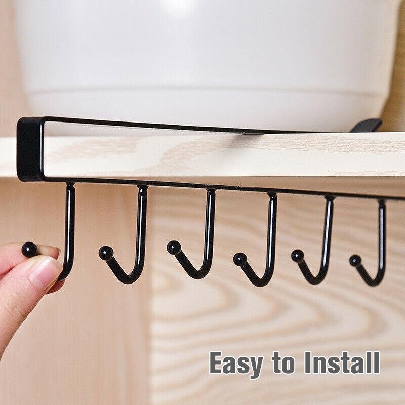 Under-Shelf Hook Organizer Steel 6 Hooks No-Drill Installation