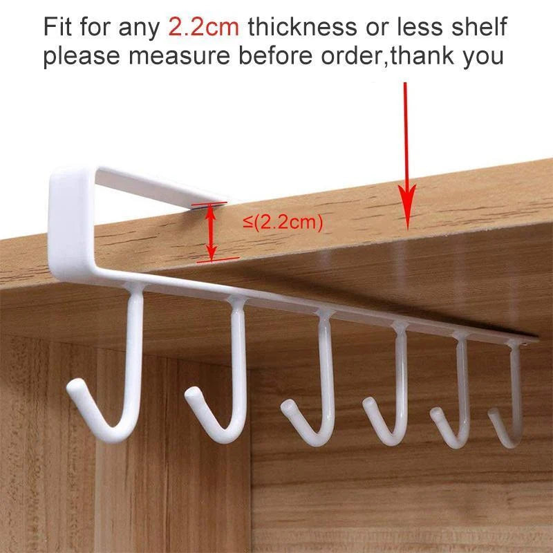 Under-Shelf Hook Organizer Steel 6 Hooks No-Drill Installation