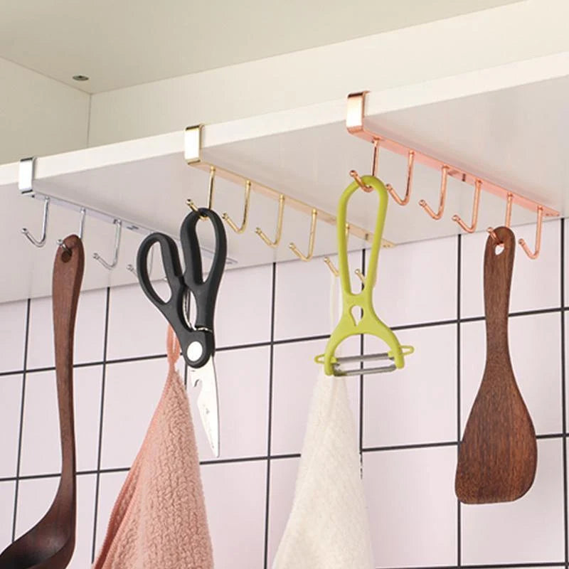 Under-Shelf Hook Organizer Steel 6 Hooks No-Drill Installation