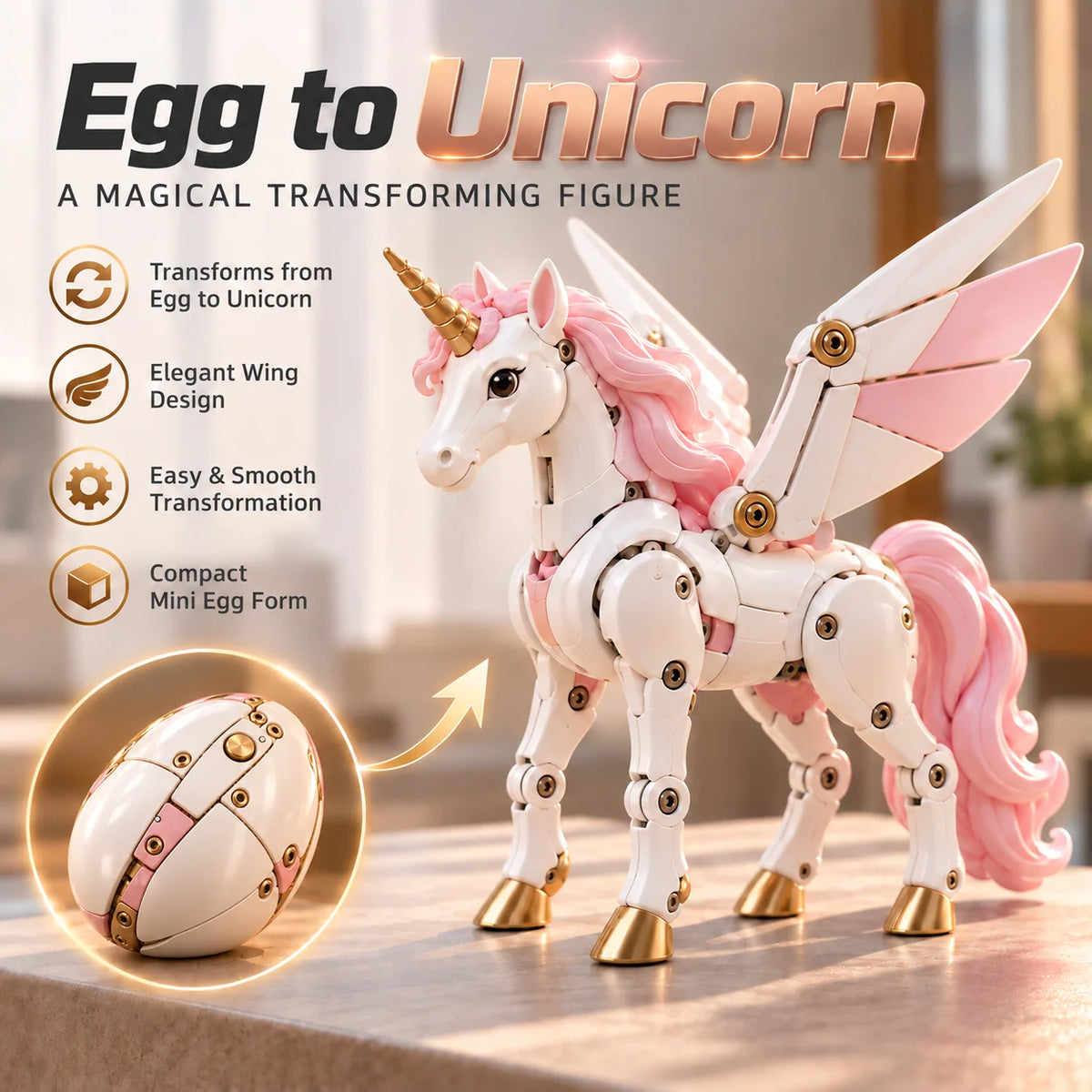 Unicorn Figure Transforming Mechanical Egg to Winged Unicorn