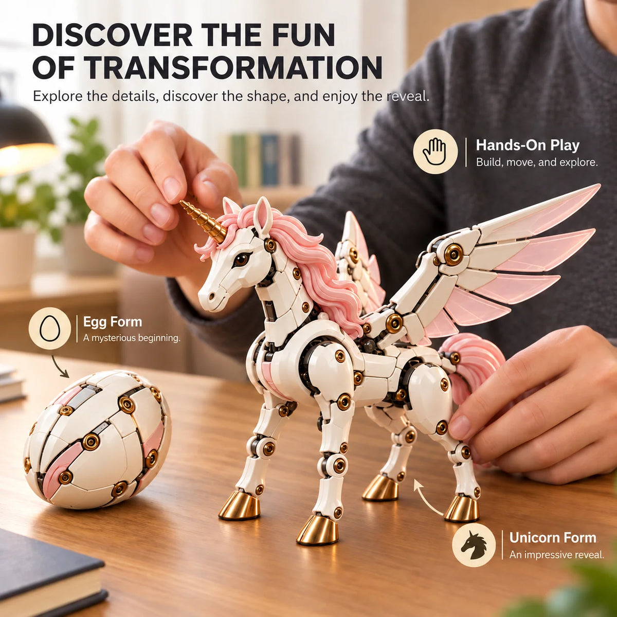 Unicorn Figure Transforming Mechanical Egg to Winged Unicorn