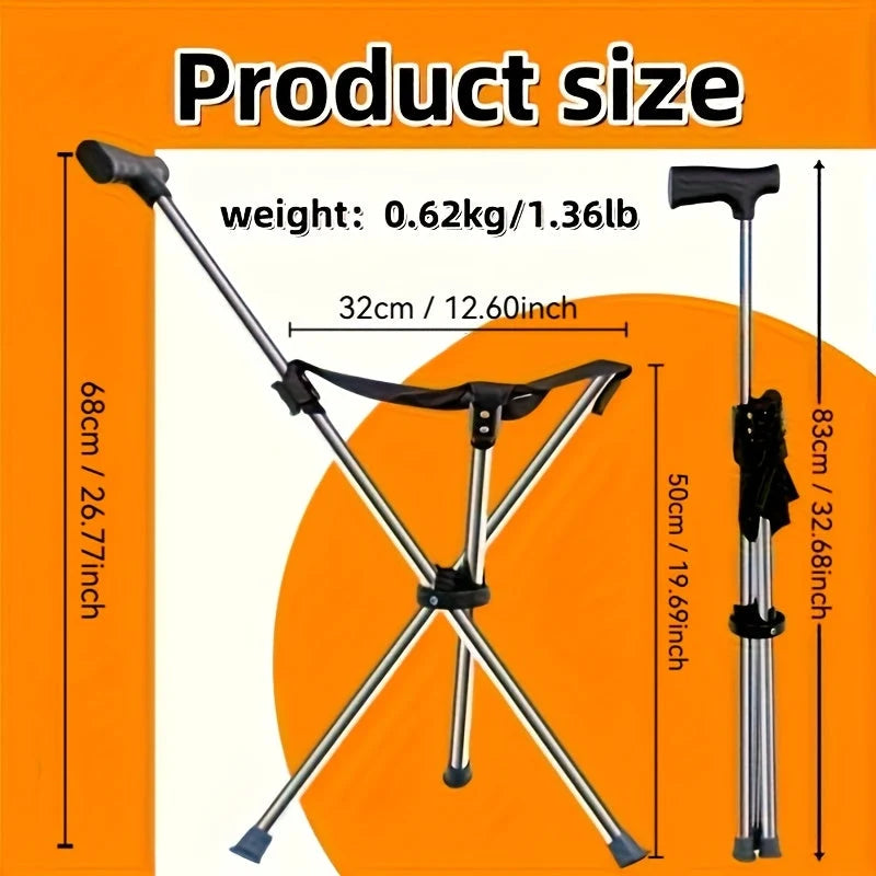 Walking Cane With Seat Foldable Stainless Steel Tripod Design
