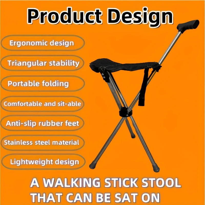 Walking Cane With Seat Foldable Stainless Steel Tripod Design
