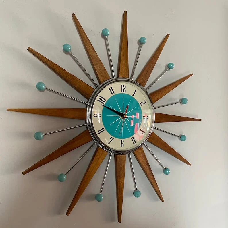Wall Clock Mid-Century Sunburst Silent Battery-Powered