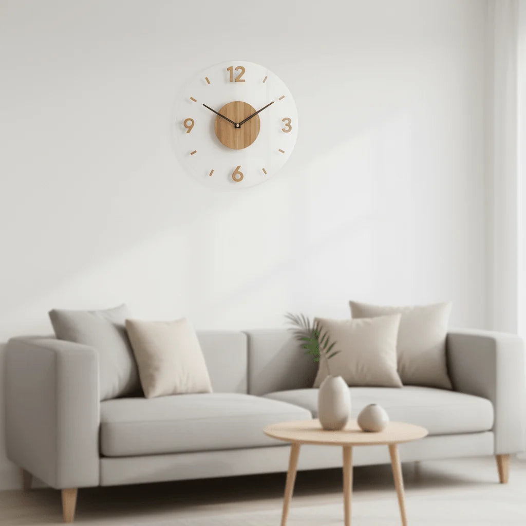 Wall Clock Natural Wood Silent Quartz Movement Easy-Read Dial