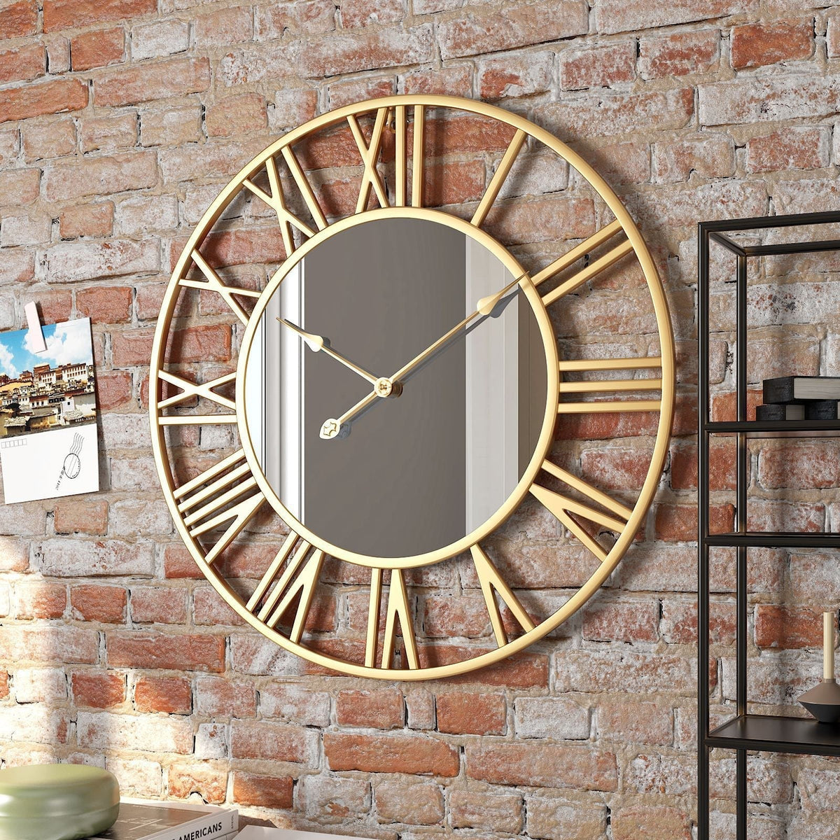 Wall Clock Vintage Aluminum Frame Mirror Silent Movement