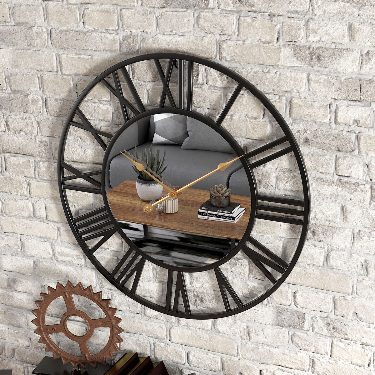 Wall Clock Vintage Aluminum Frame Mirror Silent Movement