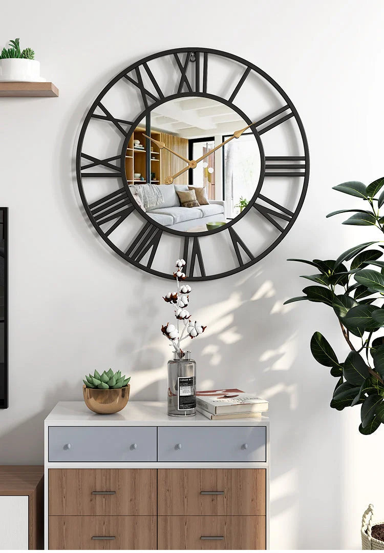 Wall Clock Vintage Aluminum Frame Mirror Silent Movement