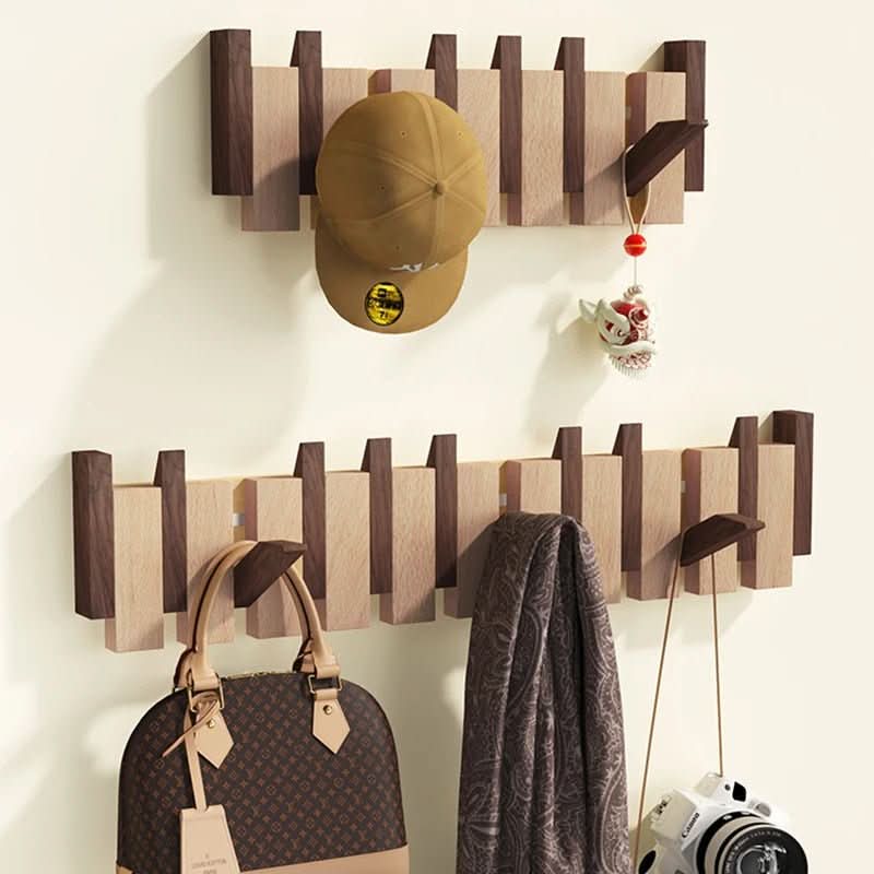 Wall Coat Rack Wooden Folding Hooks Space-Saving
