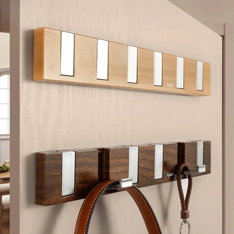 Wall Hook Rack Wooden Fold-Out 6 Retractable Hooks